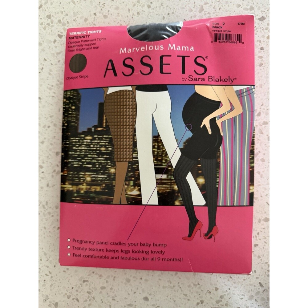 SPANX Size 2 Marvelous Mama ASSETS Terrific Tights Black Opaque Stripe MATERNITY